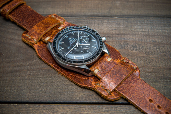 Bund-style Leather Watch Strap, Aviator model, Crazy Cow Cognac