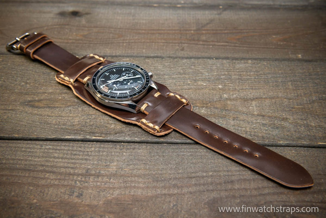 Bund-style Shell Cordovan watch strap, Aviator model. Handmade in Finland, 10-26 mm. - finwatchstraps