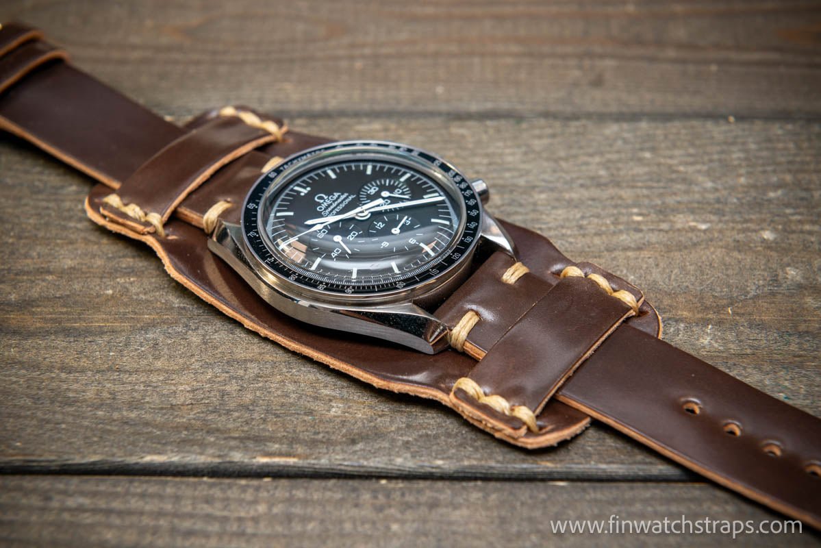 Bund-style Shell Cordovan watch strap, Aviator model. Handmade in Finland, 10-26 mm. - finwatchstraps