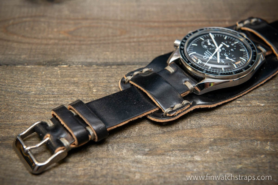 Bund-style Shell Cordovan watch strap, Aviator model. Handmade in Finland, 10-26 mm. - finwatchstraps