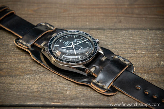 Bund-style Shell Cordovan watch strap, Aviator model. Handmade in Finland, 10-26 mm. - finwatchstraps