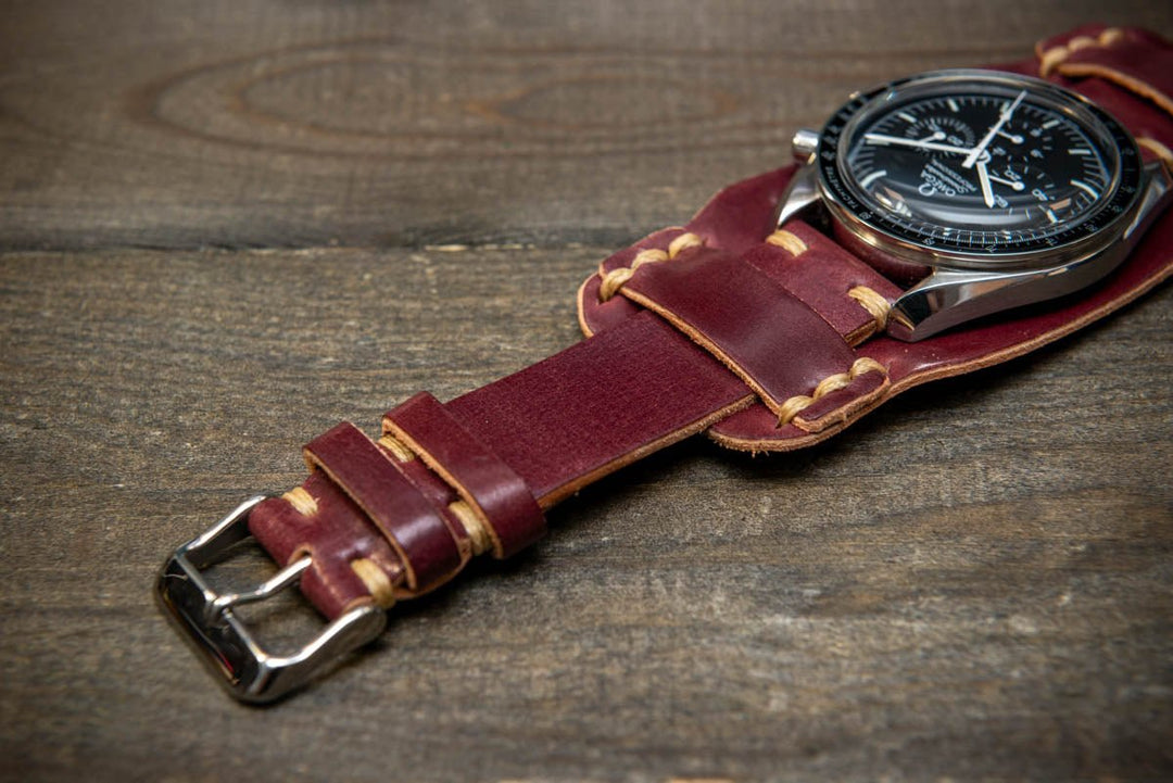 Bund-style Shell Cordovan watch strap, Aviator model. Handmade in Finland, 10-26 mm. - finwatchstraps