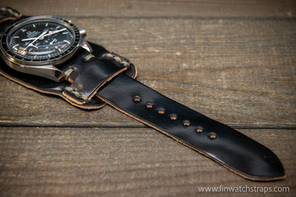 Bund-style Shell Cordovan watch strap, Aviator model. Handmade in Finland, 10-26 mm. - finwatchstraps