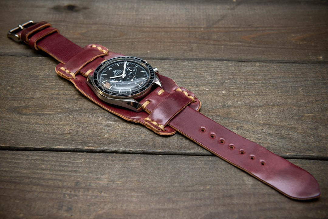 Bund-style Shell Cordovan watch strap, Aviator model. Handmade in Finland, 10-26 mm. - finwatchstraps