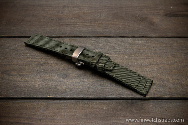 20mm or 22mm Khaki Canvas Watch Band Brushed Roller Deployant Buckle, -  Strapcode