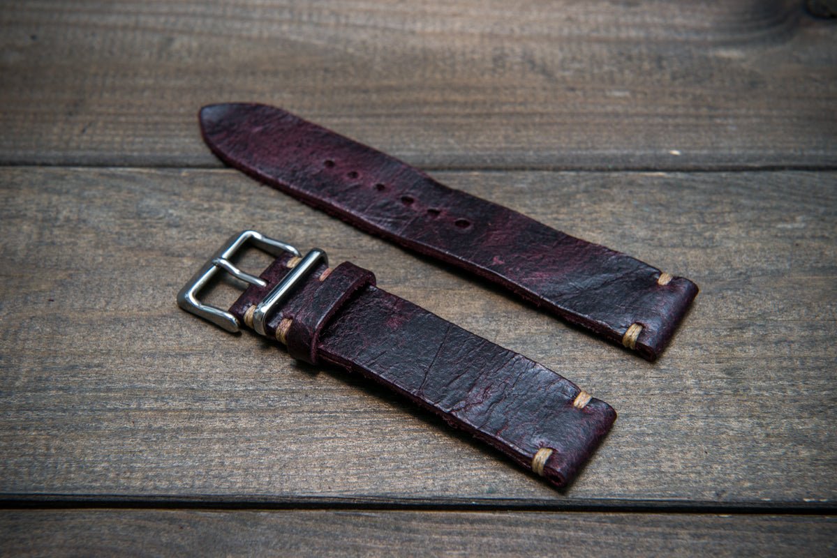 Suede vintage leather watch strap (Crazy cow) Burgundy, handmade