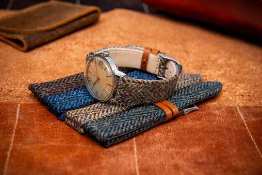 Tweed watch strap, Watch band made of HARRIS TWEED®."Loch Blue". With a deployment clasp.