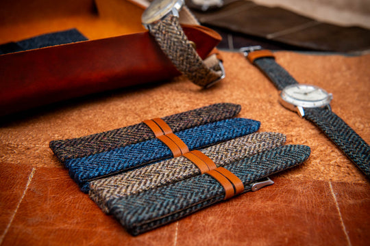 Tweed watch strap, Watch band made of HARRIS TWEED®."Loch Blue". With a deployment clasp.