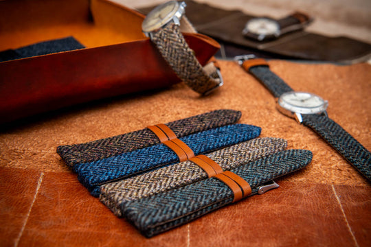 Tweed watch strap, Watch band made of HARRIS TWEED®."Loch Blue". With a deployment clasp.