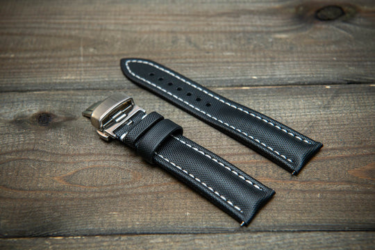 Stormsail sailcloth waterproof watch strap, Black with white stitching. Deployment clasp