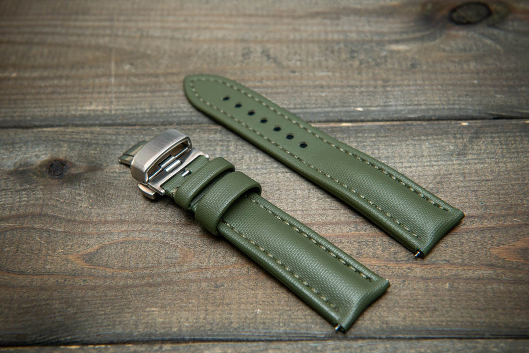 Stormsail sailcloth waterproof watch strap, Olive green. Deployment clasp