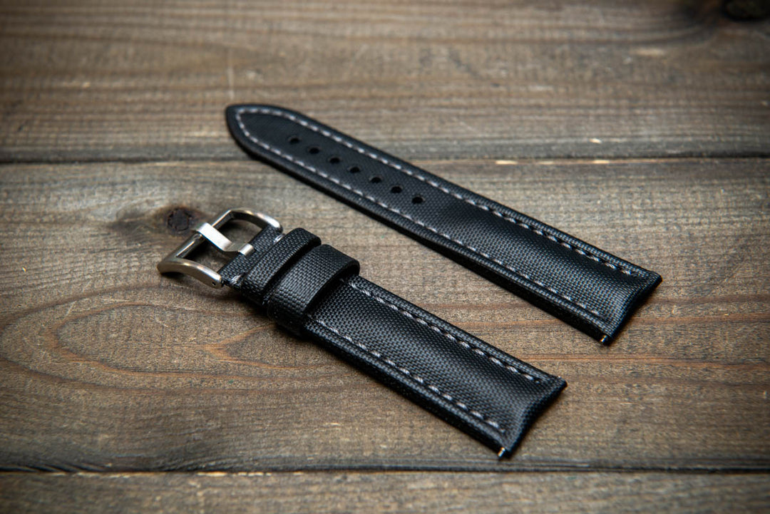 Stormsail sailcloth waterproof watch strap, Black with gray stitching
