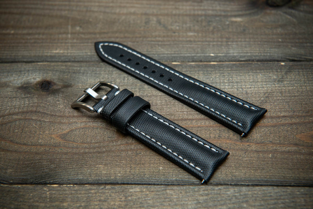 Stormsail sailcloth waterproof watch strap, Black with white stitching 