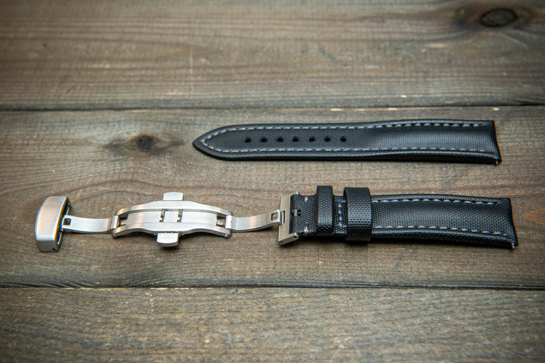 Stormsail sailcloth waterproof watch strap, Black with gray stitching. Deployment clasp