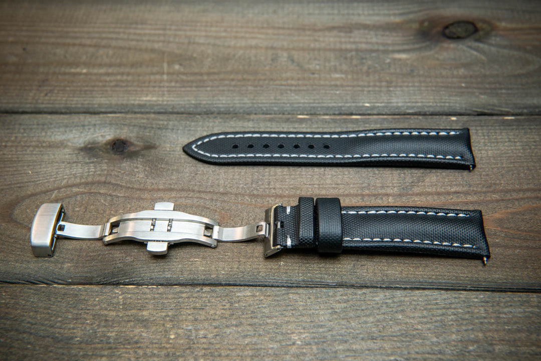 Stormsail sailcloth waterproof watch strap, Black with white stitching. Deployment clasp