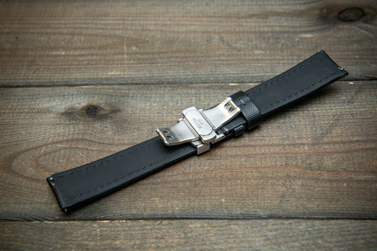 Stormsail sailcloth waterproof watch strap, Black with gray stitching. Deployment clasp