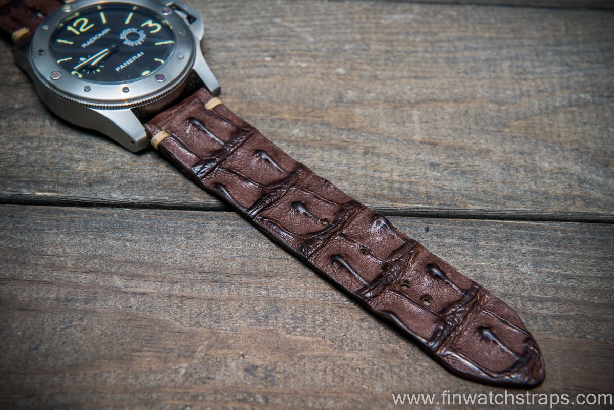Alligator hornback watch strap, Cigar brown, handmade in Finland.