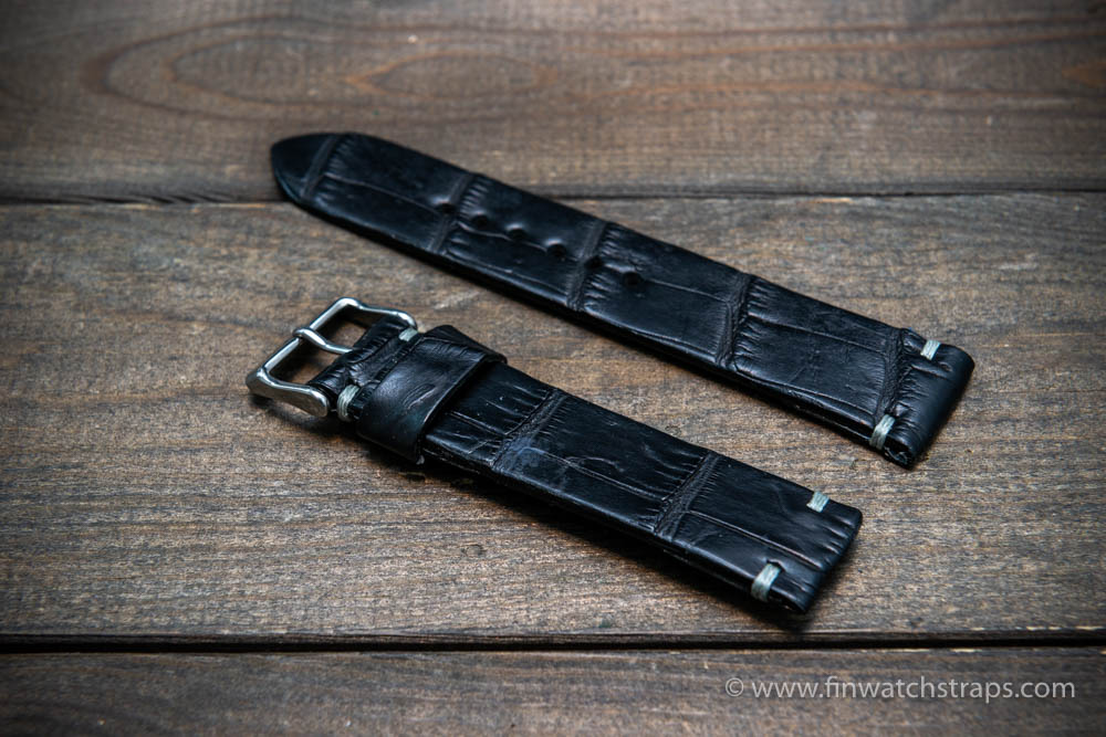Cinturino per orologio in vera pelle liscia nero 20mm piatto vintage Cinturino per orologio in vera pelle liscia nero 20mm piatto vintage