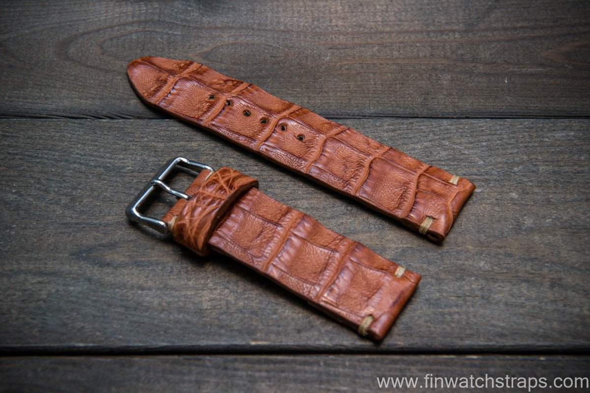 Alligator watch strap, Vintage Cognac, handmade in Finland