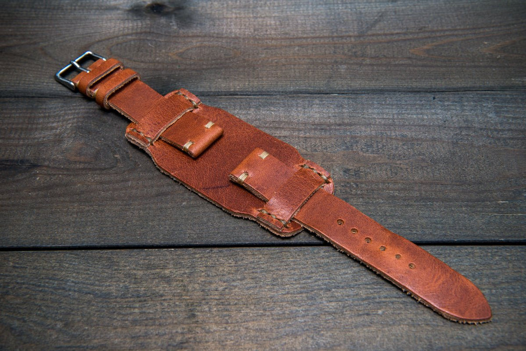 Bund-style Leather Watch Strap, Aviator model, Horween Dublin Cognac
