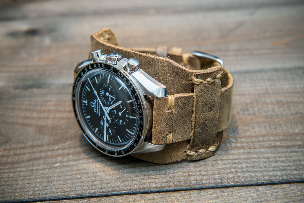 Bund-style Leather Watch Strap, Aviator model, Horween Military Olive