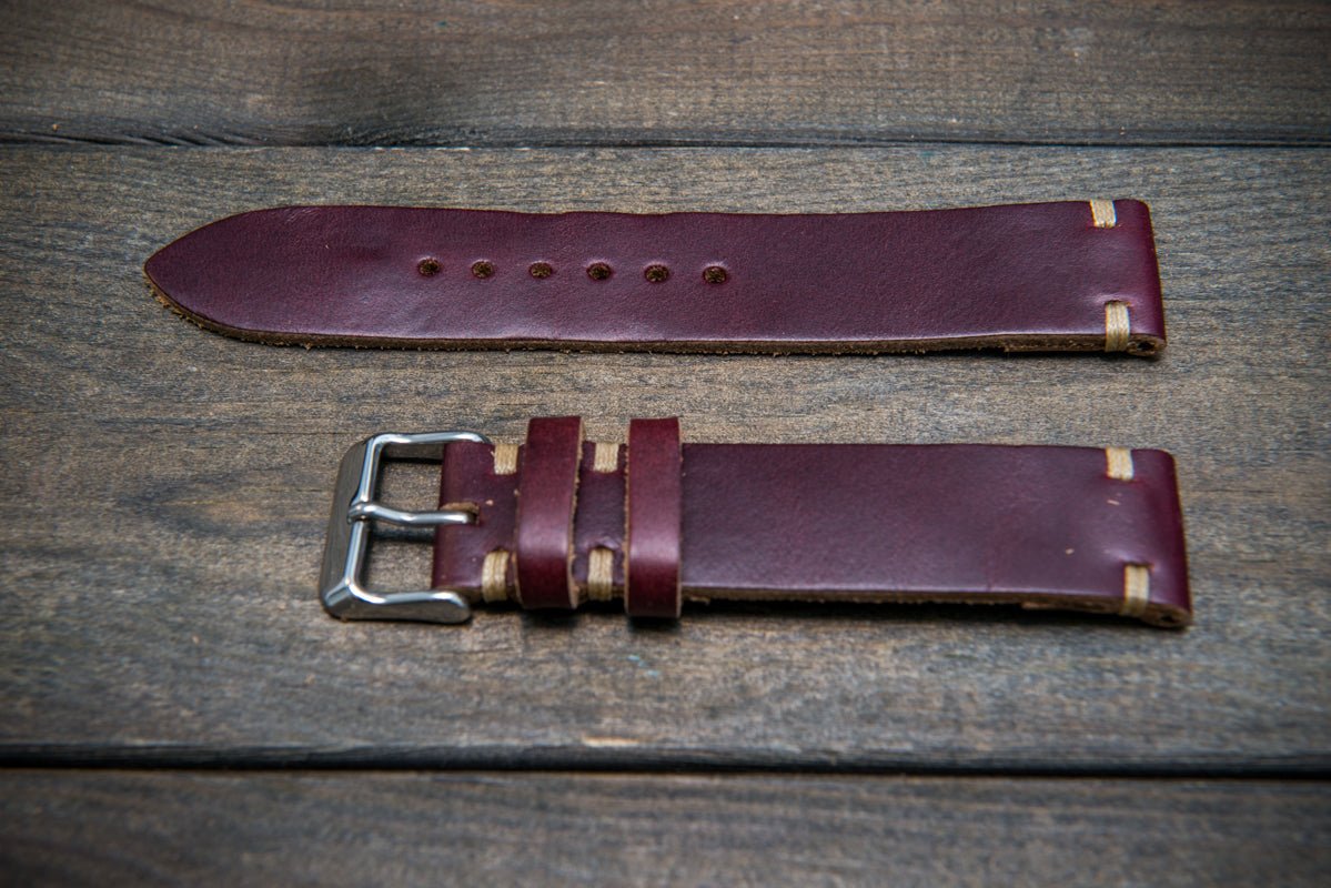 Burgundy Horween Chxl no.8 leather watch strap, handmade in