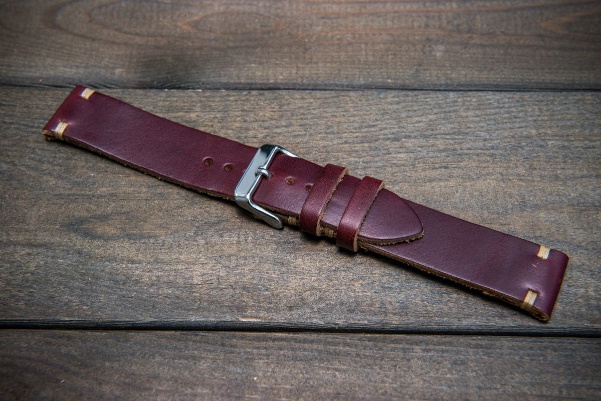 Burgundy Horween Chxl no.8 leather watch strap, handmade in