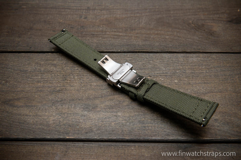 20mm or 22mm Khaki Canvas Watch Band Brushed Roller Deployant Buckle, -  Strapcode