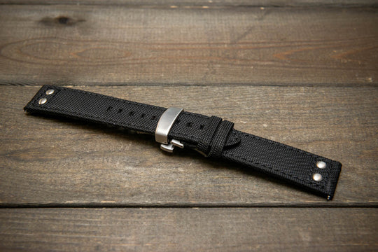 Cordura Canvas waterproof watch strap, Quick-release spring bars are installed, lined with Lorica eco-leather by FinWacthStraps. Deployment clasp installed. - finwatchstraps