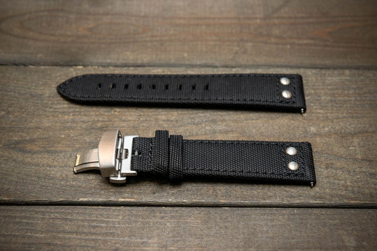 Cordura Canvas waterproof watch strap, Quick-release spring bars are installed, lined with Lorica eco-leather by FinWacthStraps. Deployment clasp installed. - finwatchstraps