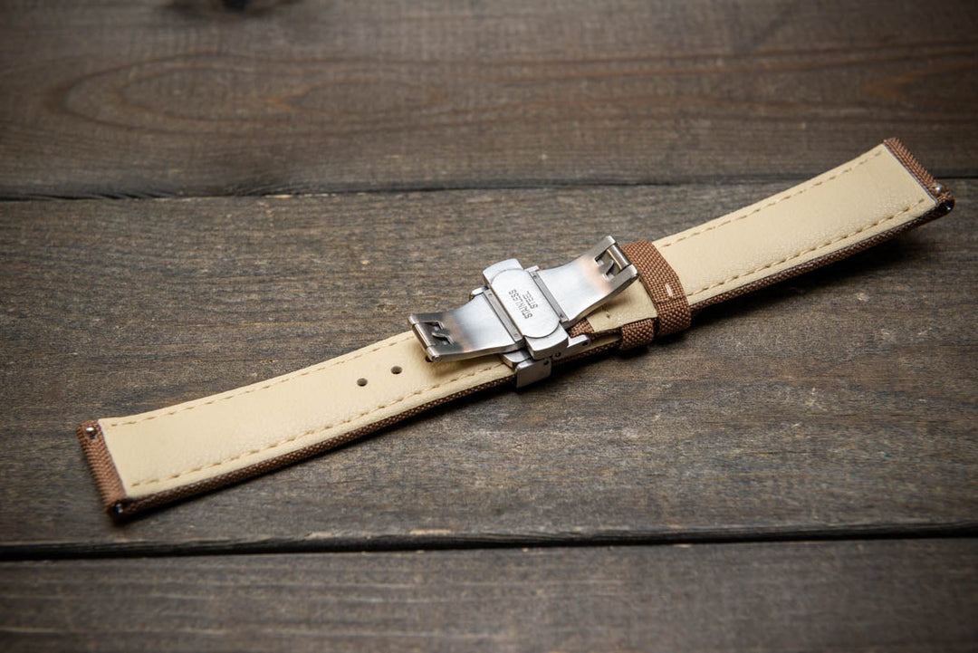 Cordura Canvas waterproof watch strap, Quick-release spring bars are installed, lined with Lorica eco-leather by FinWacthStraps® Deployment clasp installed. - finwatchstraps