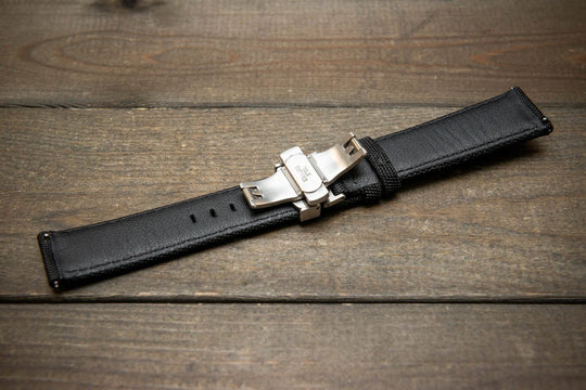 Cordura Canvas waterproof watch strap, Quick-release spring bars are installed, lined with Lorica eco-leather by FinWacthStraps. Deployment clasp installed. - finwatchstraps