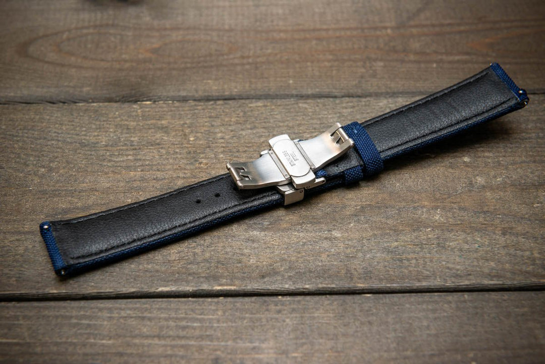 Cordura Canvas waterproof watch strap, Quick-release spring bars are installed, lined with Lorica eco-leather by FinWacthStraps® Deployment clasp installed. - finwatchstraps