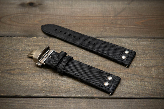 Cordura Canvas waterproof watch strap, Quick-release spring bars are installed, lined with Lorica eco-leather by FinWacthStraps. Deployment clasp installed. - finwatchstraps