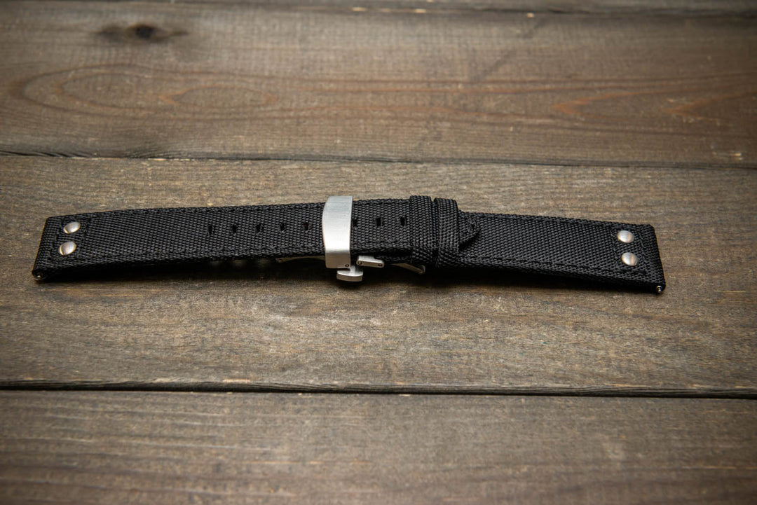 Cordura Canvas waterproof watch strap, Quick-release spring bars are installed, lined with Lorica eco-leather by FinWacthStraps. Deployment clasp installed. - finwatchstraps