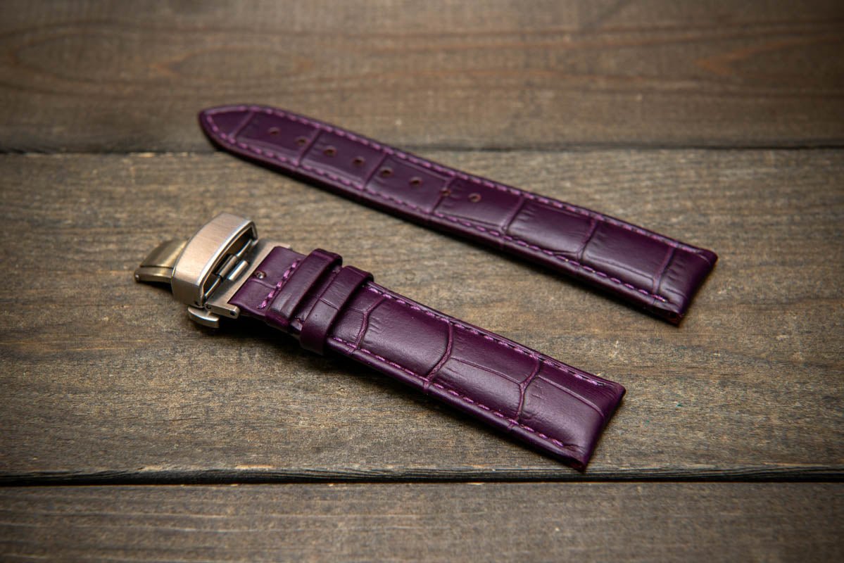 Leather watch strap, band made of calf leather with croc grain pattern 18-24 mm. Deployment clasp. - finwatchstraps