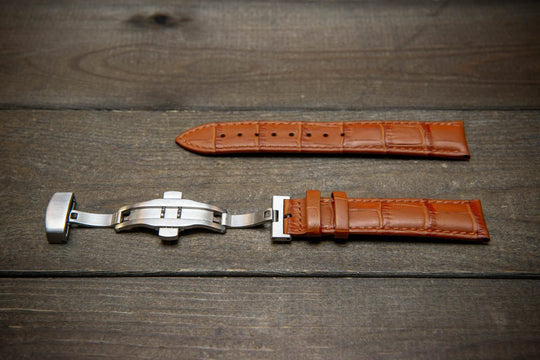 Leather watch strap, band made of calf leather with croc grain pattern 18-24 mm. Deployment clasp. - finwatchstraps