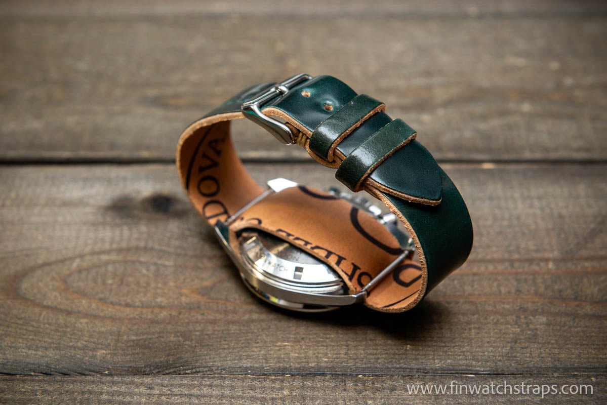 One piece Shell Cordovan watch strap. Verdant Military color