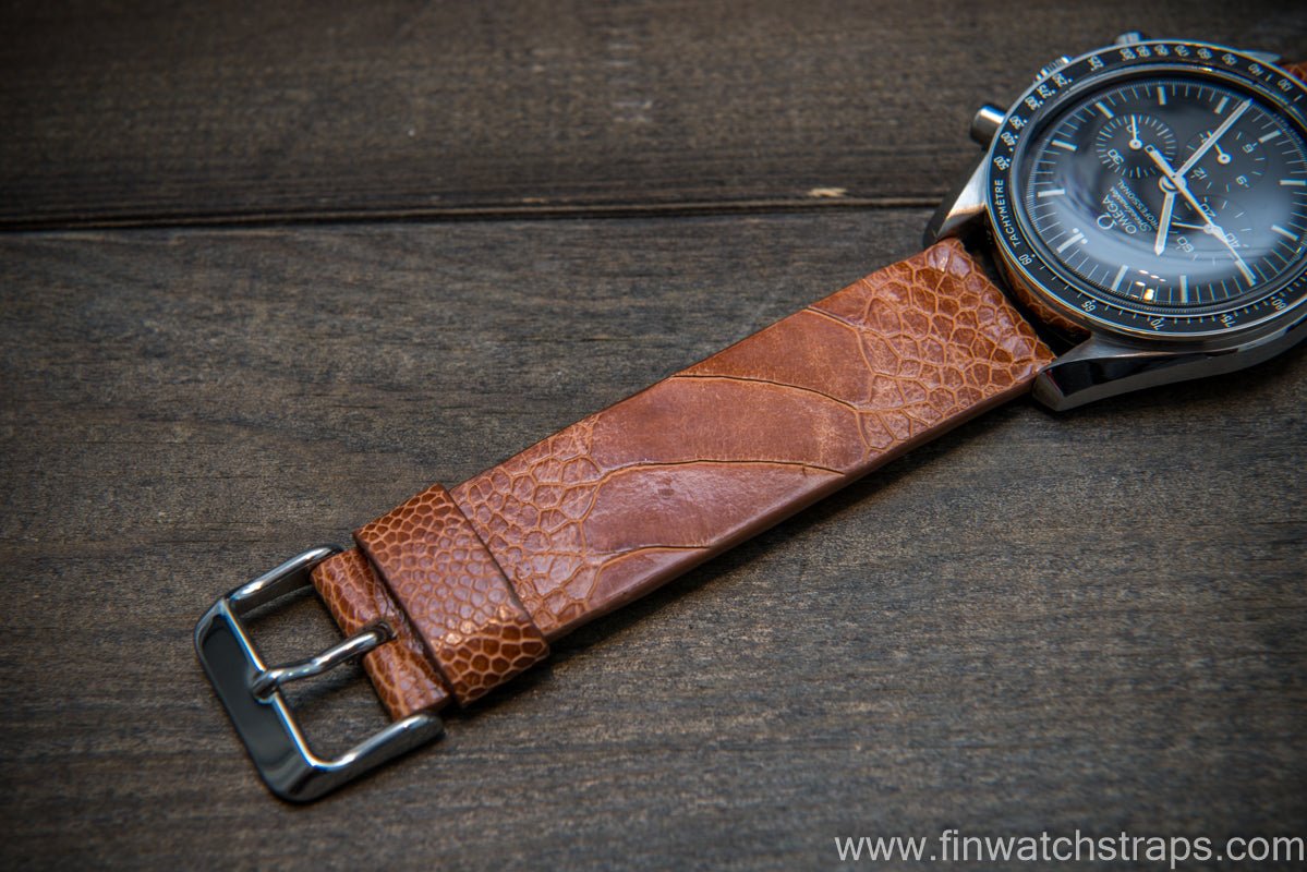ostrich legs leather watch strap glazed brandy color handmade in finland 10 26 mm