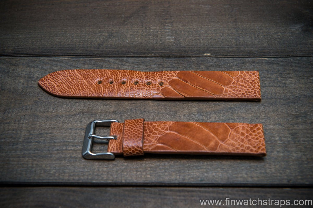 Ostrich legs leather watch strap, Glazed Brandy color, handmade in