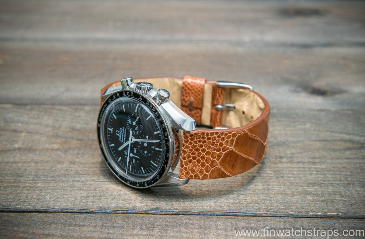 Ostrich legs leather watch strap Glazed Brandy color handmade in Fin