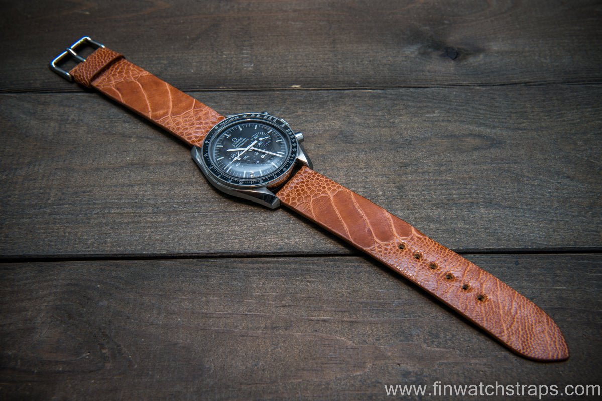 Ostrich legs leather watch strap Glazed Brandy color handmade in Fin