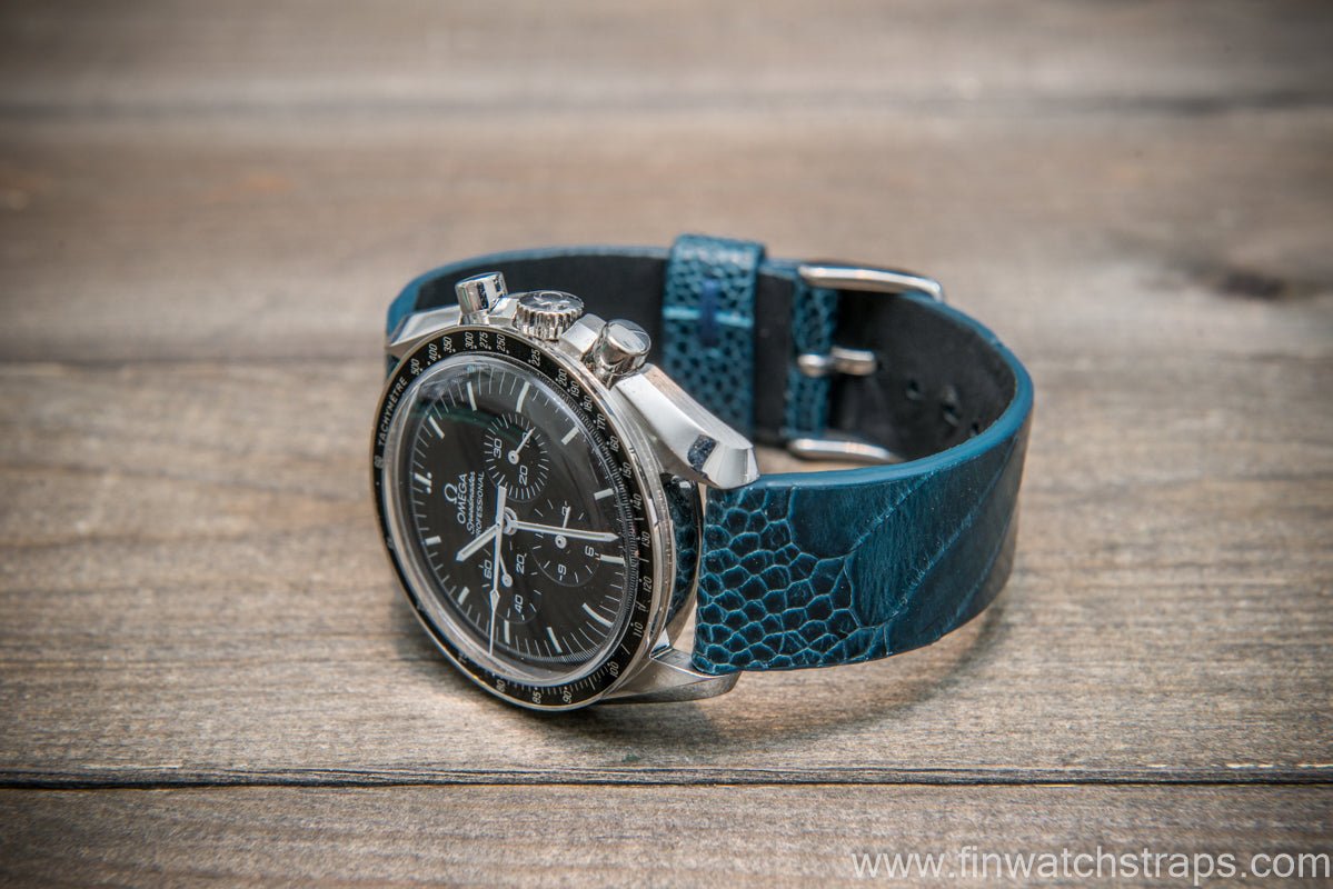 Ostrich legs leather watch strap, Glazed Cobalt color