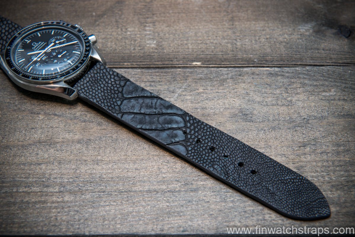 Ostrich legs leather watch strap, Stonewash Black color, handmade in  Finland, 10-26 mm