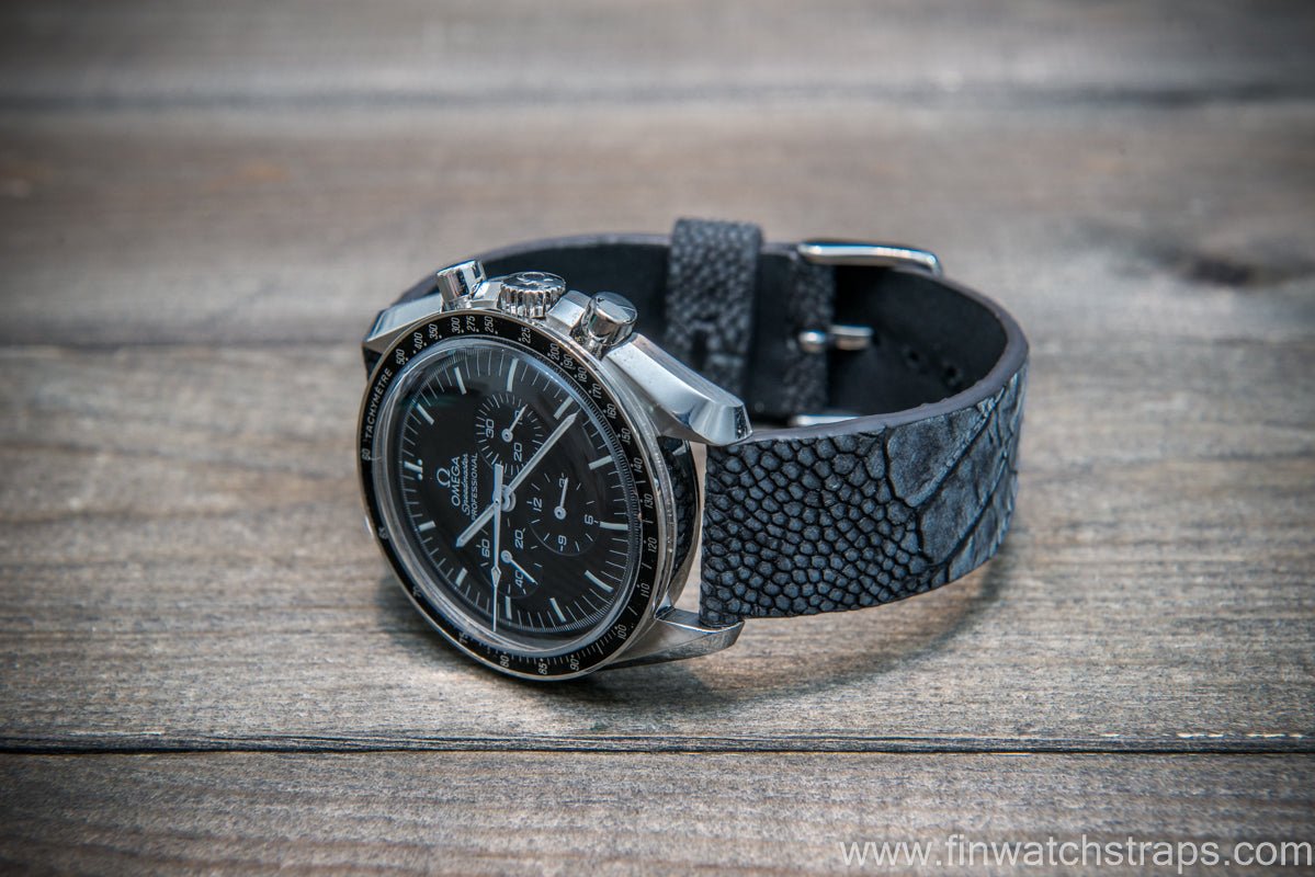 Ostrich legs leather watch strap, Stonewash Black color