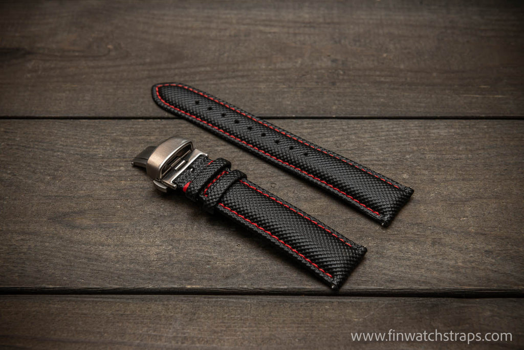 Sailcloth water-resistant watch strap 17-24 mm. Black with red stitching.