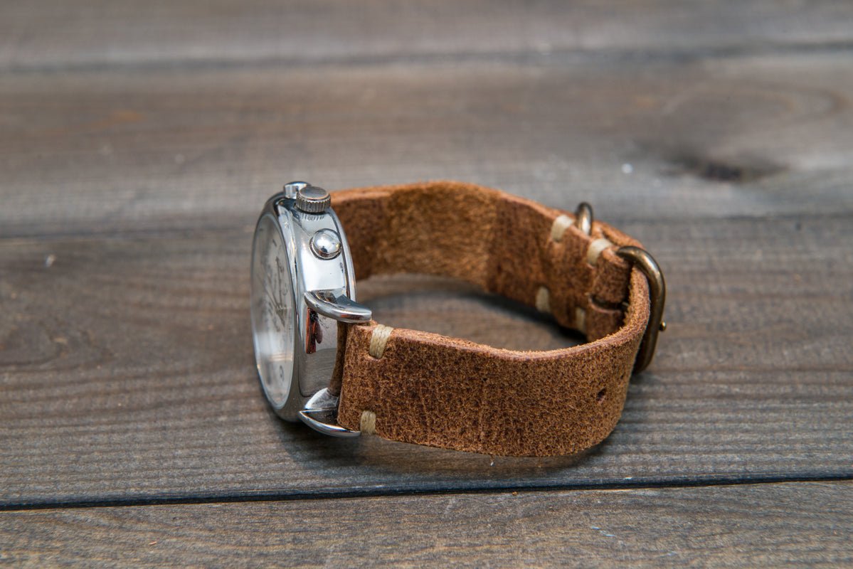 Suede Vintage Leather Watch Strap (Wheatbuck), Brass Buckle, Handmade in Finland - 16mm, 17 mm, 18mm, 19 mm, 20mm, 21mm, 22mm, 23 mm, 24mm.