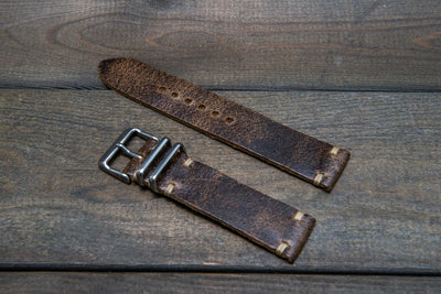 Suede vintage leather watch strap (Crazy cow, Teak), 2 metallic keepers, handmade in Finland