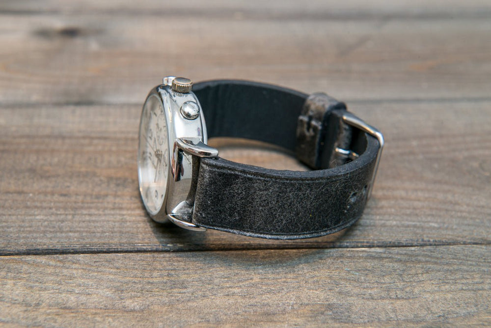 Handmade Black Canvas Leather Vintage Watch Strap With Buckle. 