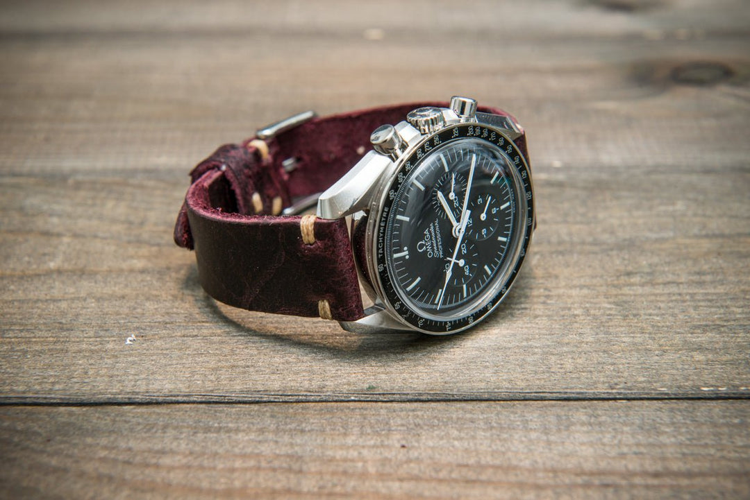 Suede vintage tapered leather watch strap (Crazy cow, Burgundy